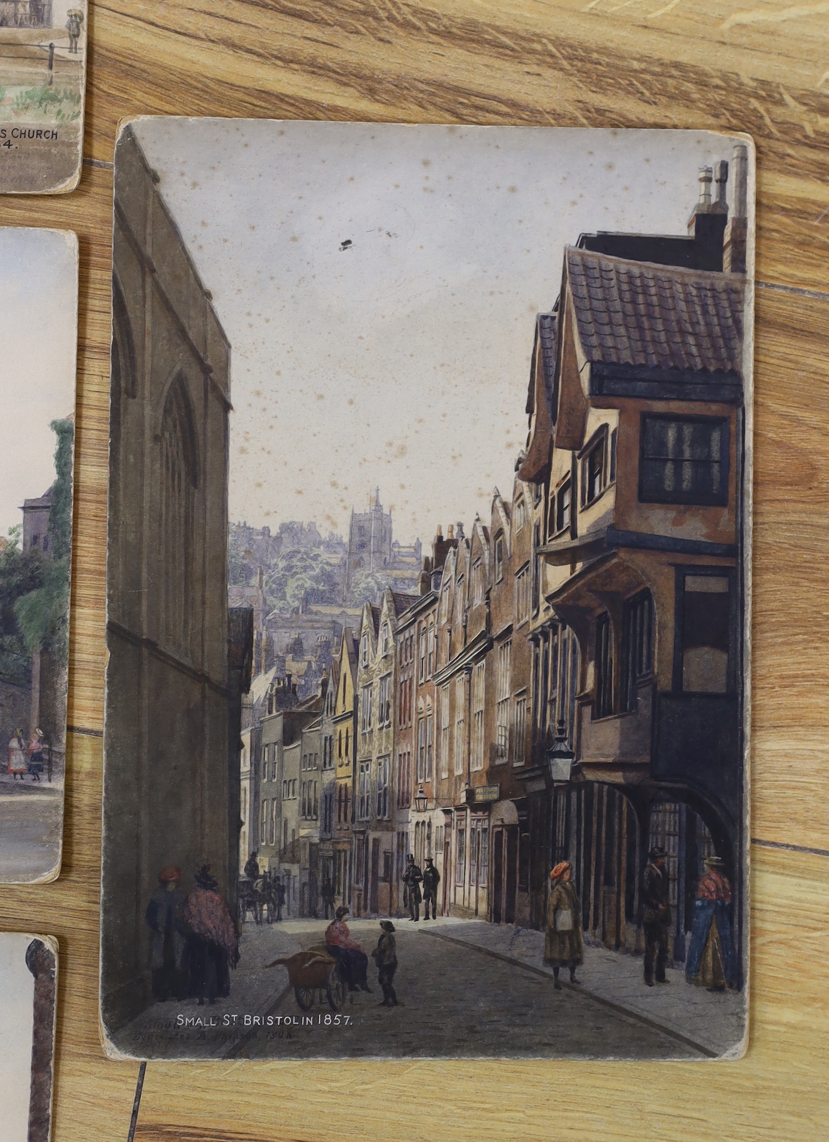 Edward (Evacustes) Arthur Phipson (1854-1931), four watercolours on card, Old Bristol views comprising ‘The Dutch House’, ‘Small Street’, ‘Cathedral’ and ‘St Michael’s Hill’ each inscribed, three signed, unframed, larges